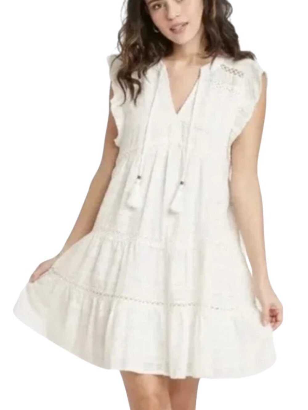 Knox Rose White Flutter Sleeve Tiered Boho Peasant Dress White Size XS